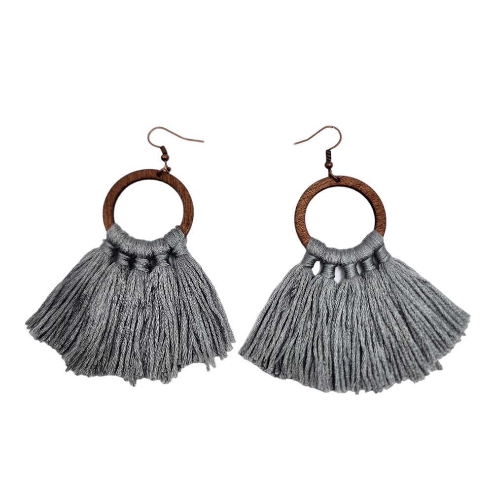 Yarn Tassel Wood Earrings Dangle Bohemian Boho Style Gray Gold Fan Ear Jewelry - Picture 3 of 3